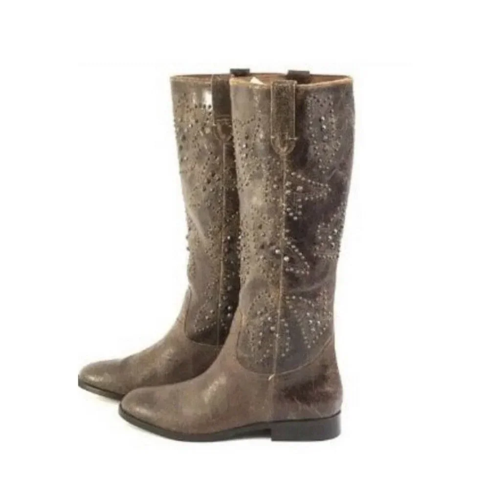 Frye Distressed Leather Pull-on Tall Shaft Studded Boots Cowboy